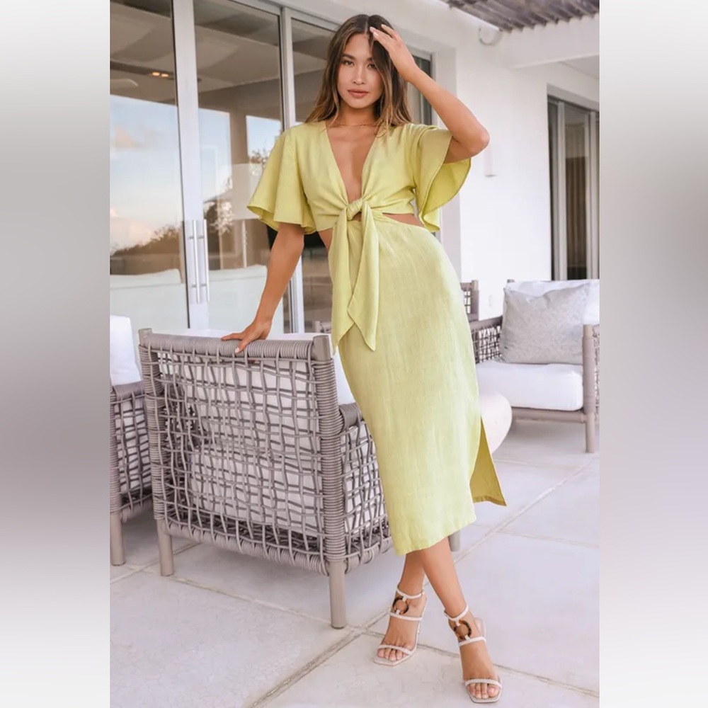 Lulus Light Green Tie Front Cut Out Midi Dress